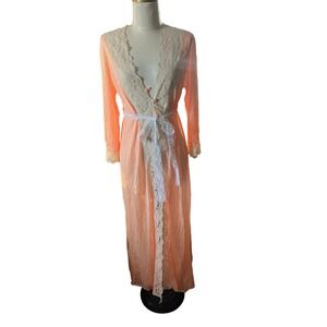 Vintage Nani Flower Peach Lace Trim Full Length Robe Kimono M/L